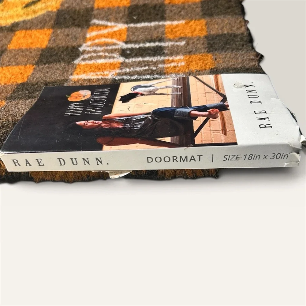 Rae Dunn Happy Halloween Coir Doormat 18x30 Pumpkin Mummy Buffalo Plaid Orange